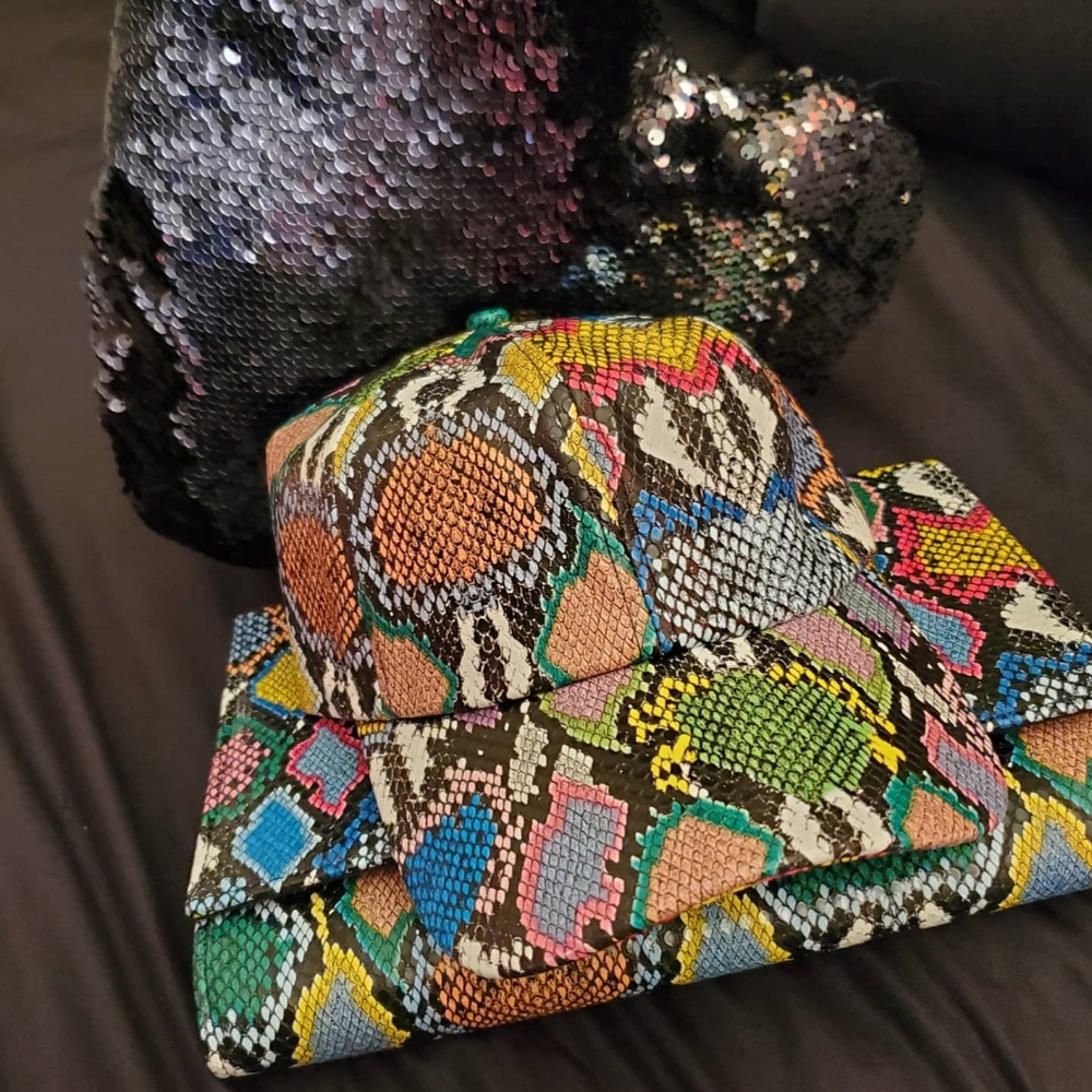 Faux Snake Skin Multi Color Hat & Clutch